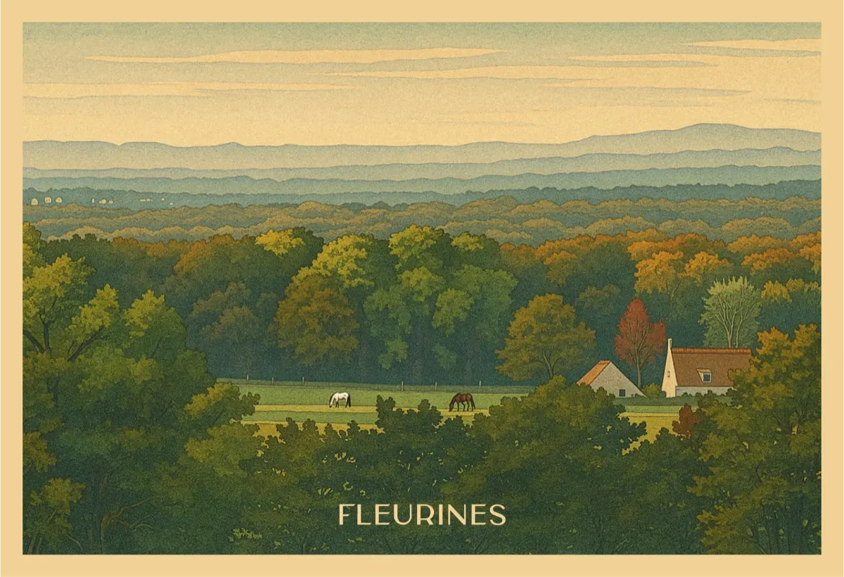 Carte postale vintage de Fleurines — panorama automnal sur les champs, la forêt et les chevaux au pré