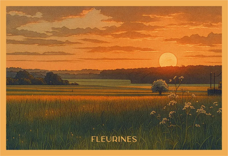 Carte postale vintage de Fleurines — coucher de soleil flamboyant sur les prairies dorées de l'Oise