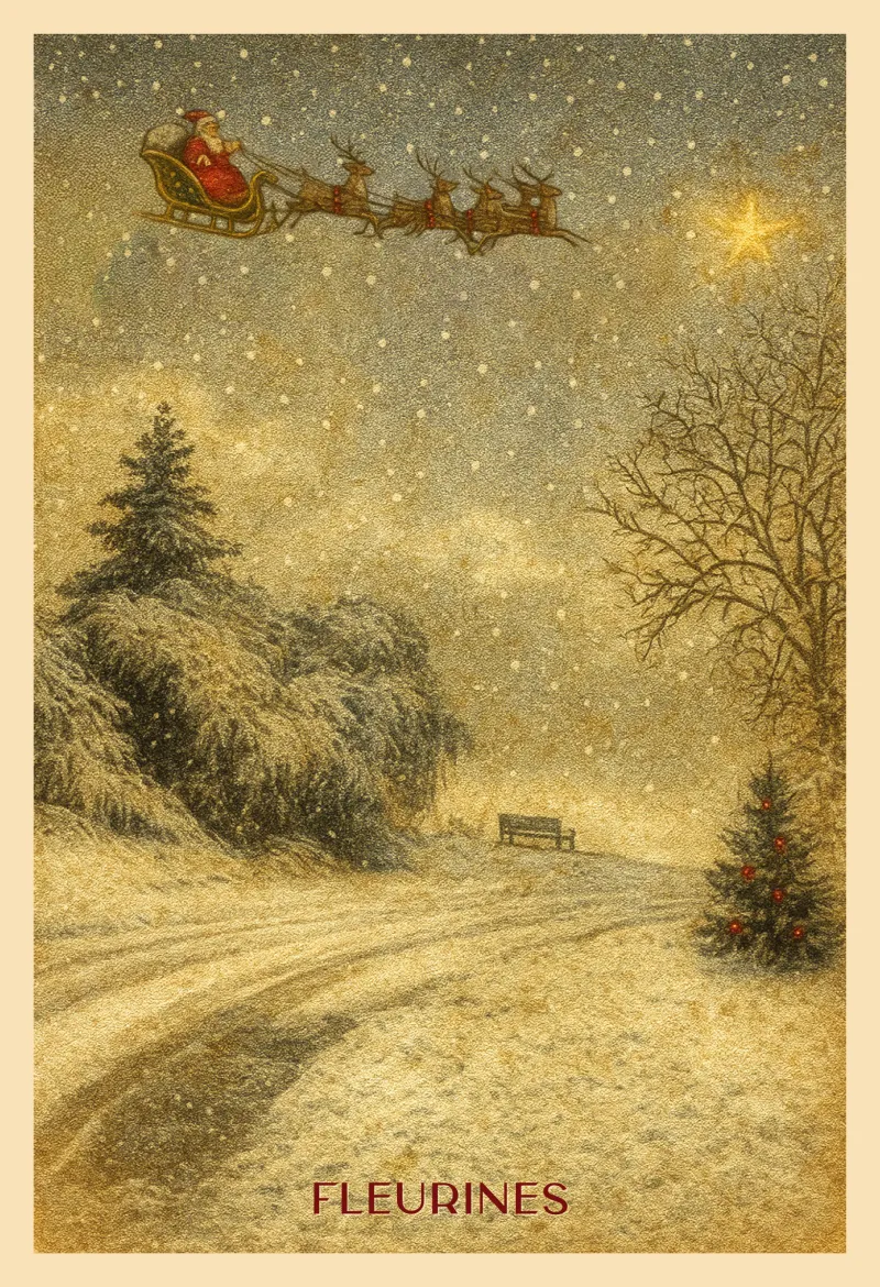 Carte postale de Noël de Fleurines — le Père Noël sur son traîneau au-dessus d'un chemin enneigé et d'un sapin illuminé