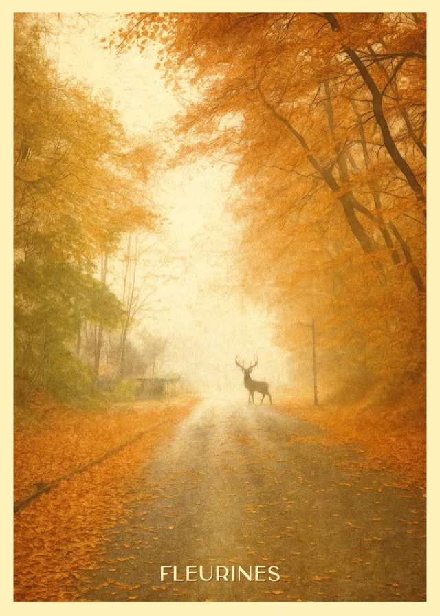 Affiche vintage de Fleurines — un cerf solitaire traverse une allée forestière brumeuse aux couleurs d'automne