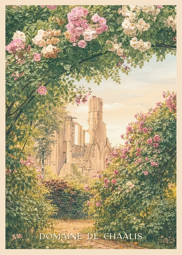 Affiche vintage du Domaine de Chaalis — ruines de l'abbaye encadrées de rosiers en fleurs, Oise