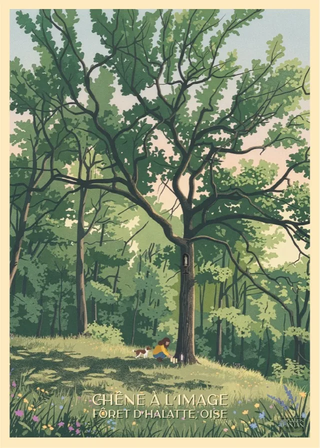 Affiche vintage du Chêne à l'Image — majestueux chêne centenaire de la Forêt d'Halatte en été, Oise