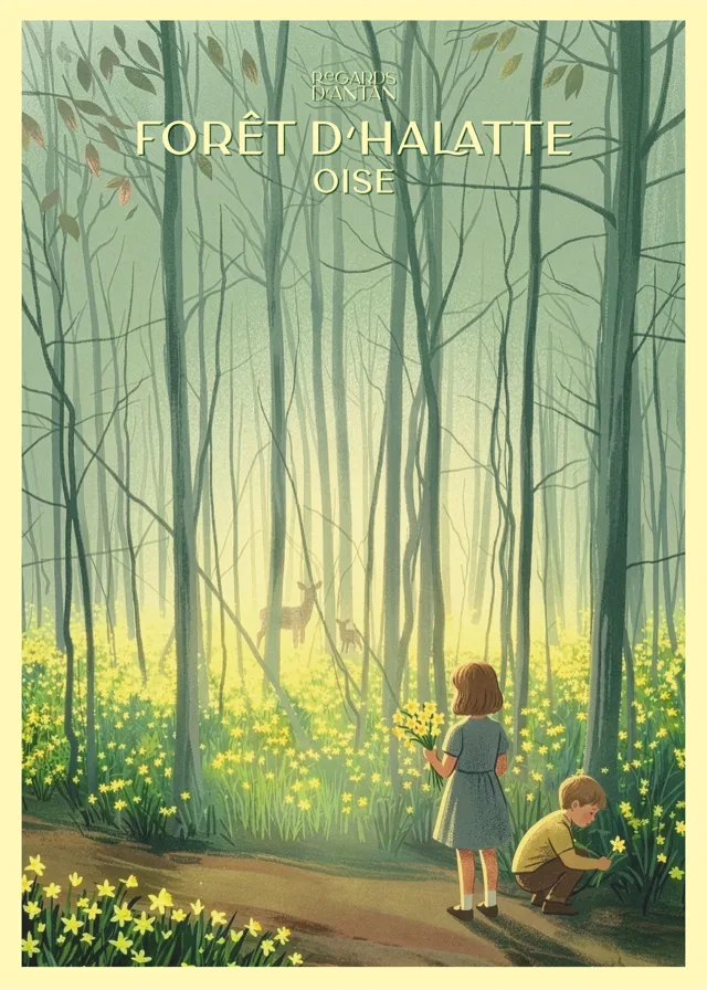Affiche vintage de la Forêt d'Halatte — sous-bois printanier avec jonquilles et deux enfants en promenade, Oise
