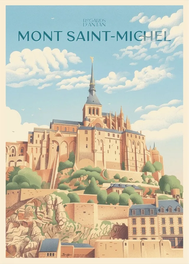 Affiche vintage du Mont-Saint-Michel — l'abbaye et ses remparts dans la baie, ciel d'été