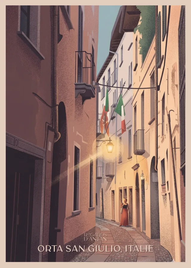 Affiche vintage d'Orta San Giulio, Italie — ruelle pavée au coucher de soleil, drapeaux italiens et femme en robe rouge