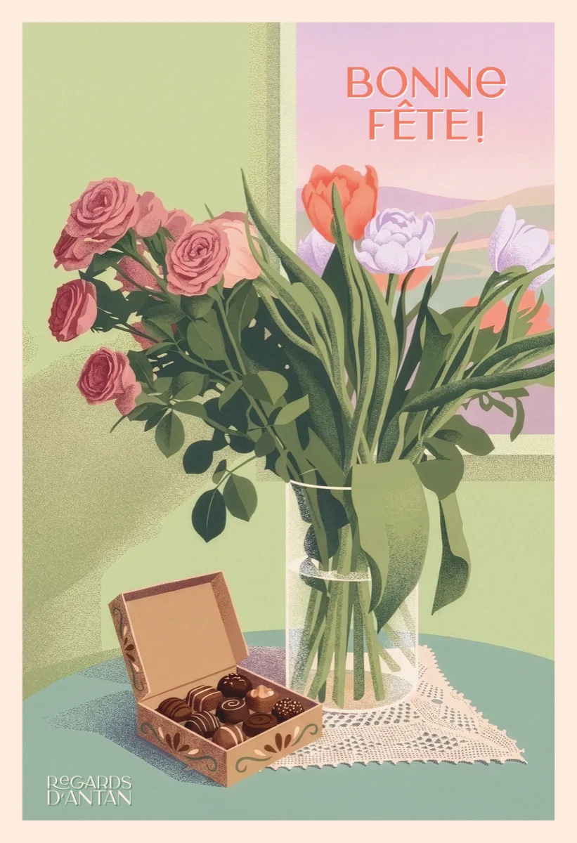 Carte postale vintage — bouquet de fleurs champêtres, Bonne Fête