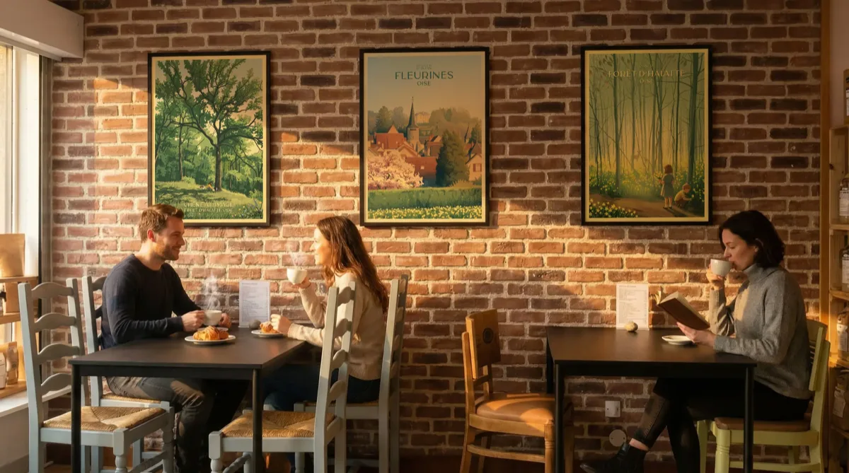 Ambiance élégante d'un salon de thé avec trois affiches vintage encadrées au mur