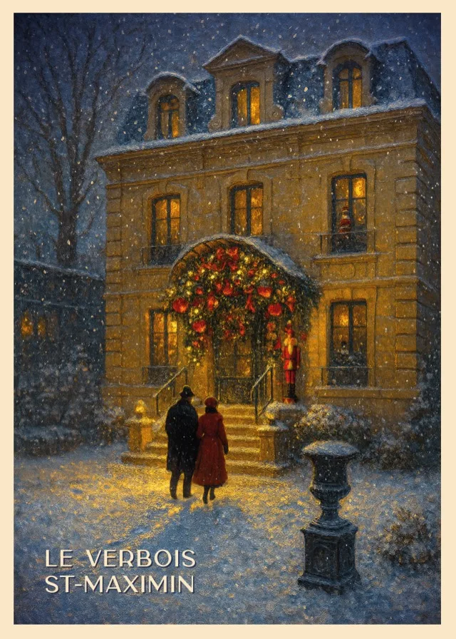 Affiche vintage du Verbois à Saint-Maximin — manoir illuminé sous la neige, soirée de réveillon